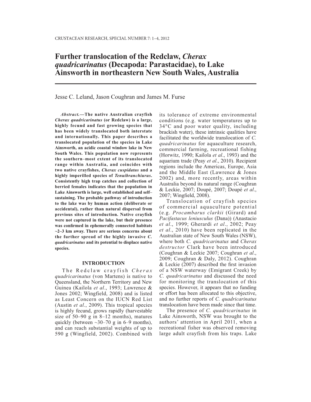 Further Translocation of the Redclaw, Cherax Quadricarinatus (Decapoda: Parastacidae), to Lake Ainsworth in Northeastern New South Wales, Australia