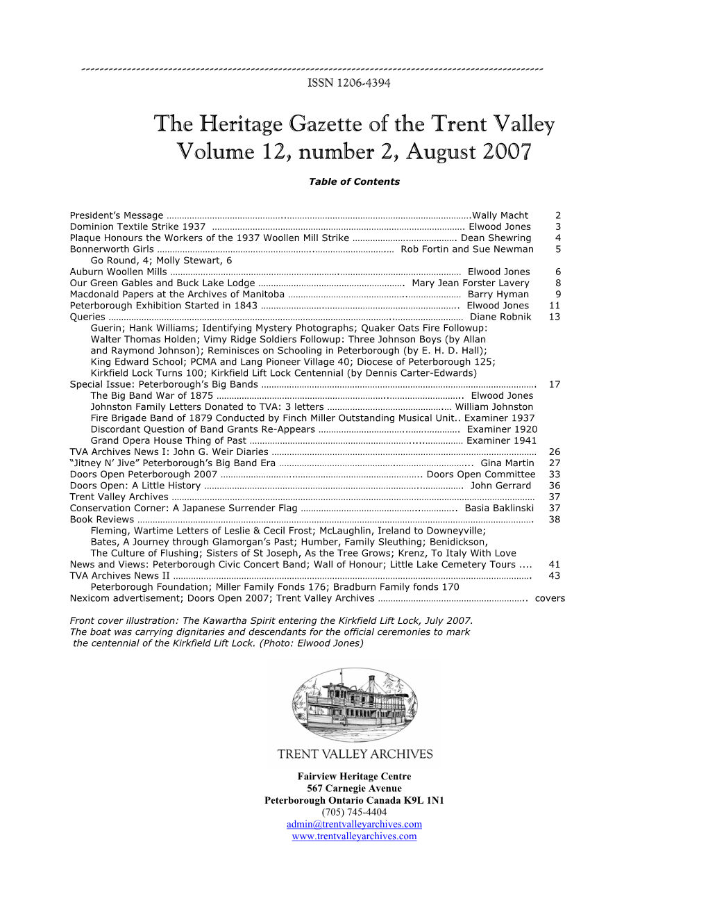 The Heritage Gazette of the Trent Valley Volume 12, Number 2, August 2007