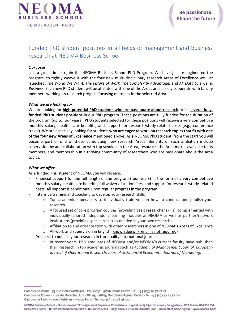 Funded Phd Student Positions in All Fields of Management and Business Research at NEOMA Business School