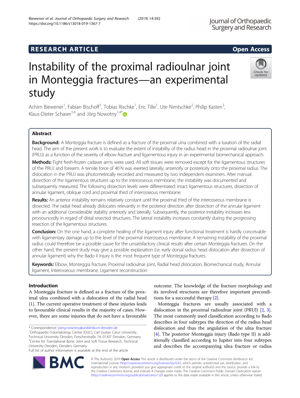 Instability of the Proximal Radioulnar Joint in Monteggia Fractures—An