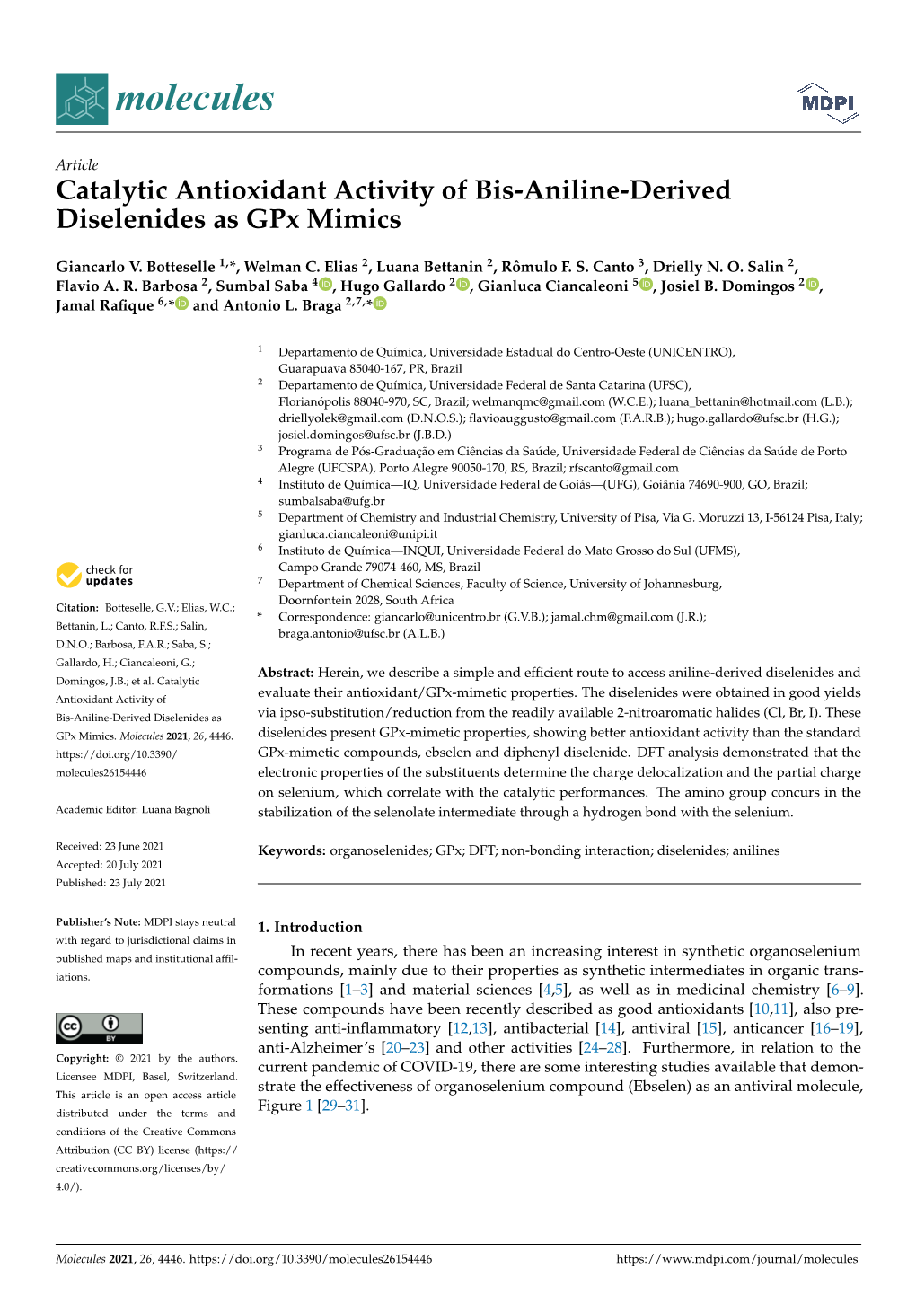 Catalytic Antioxidant Activity of Bis-Aniline-Derived Diselenides As Gpx Mimics