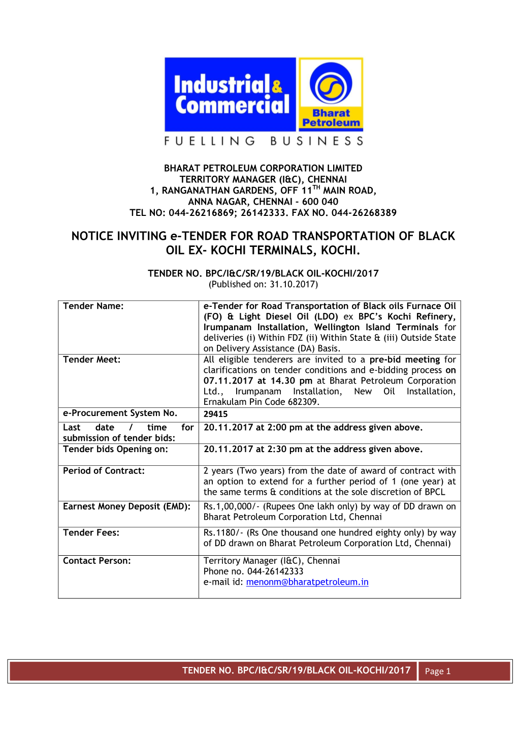 NOTICE INVITING E-TENDER for ROAD TRANSPORTATION of BLACK OIL EX- KOCHI TERMINALS, KOCHI