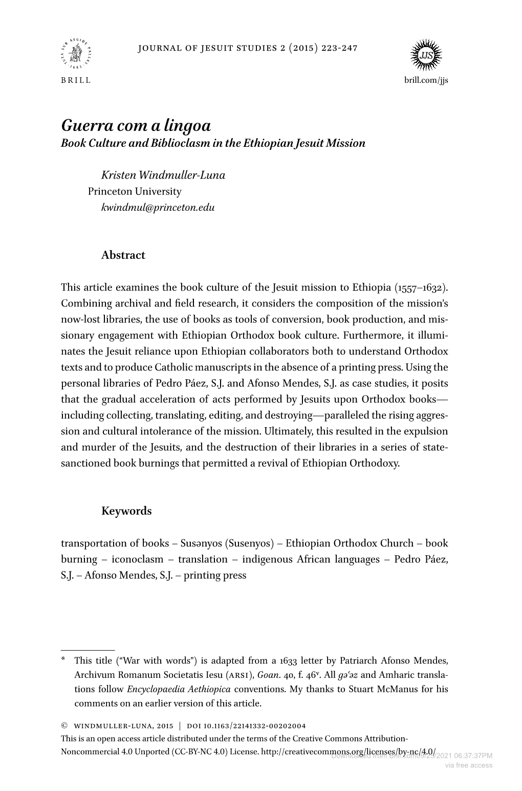 Guerra Com a Lingoa Book Culture and Biblioclasm in the Ethiopian Jesuit Mission