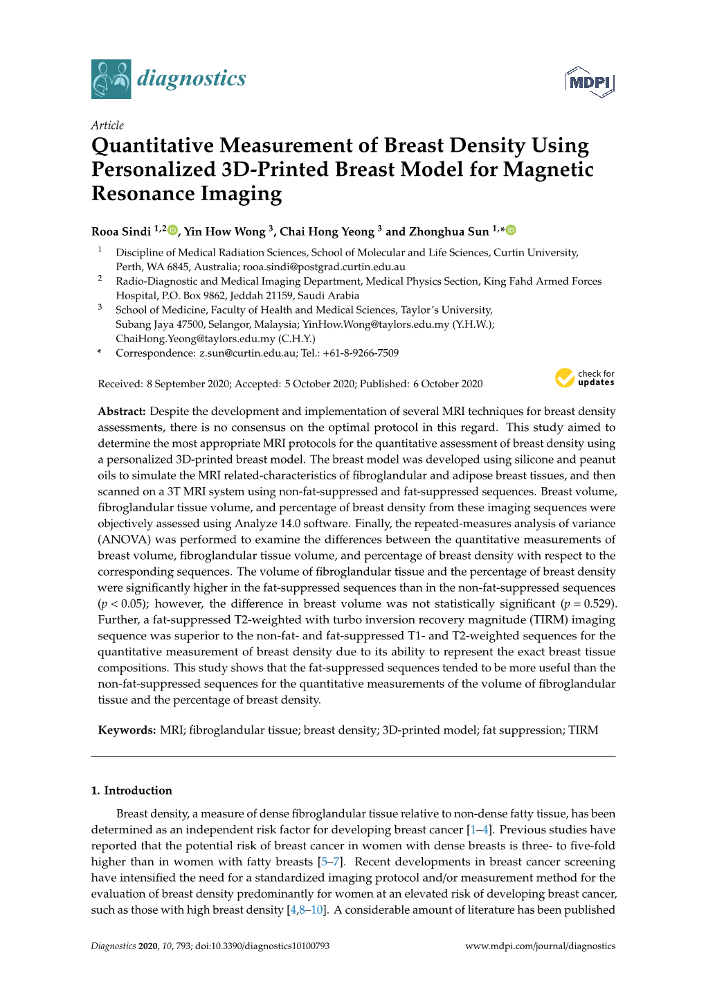 Quantitative Measurement of Breast Density Using Personalized 3D-Printed Breast Model for Magnetic Resonance Imaging