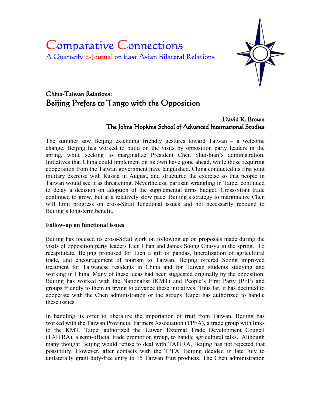 Comparative Connections a Quarterly E-Journal on East Asian Bilateral Relations