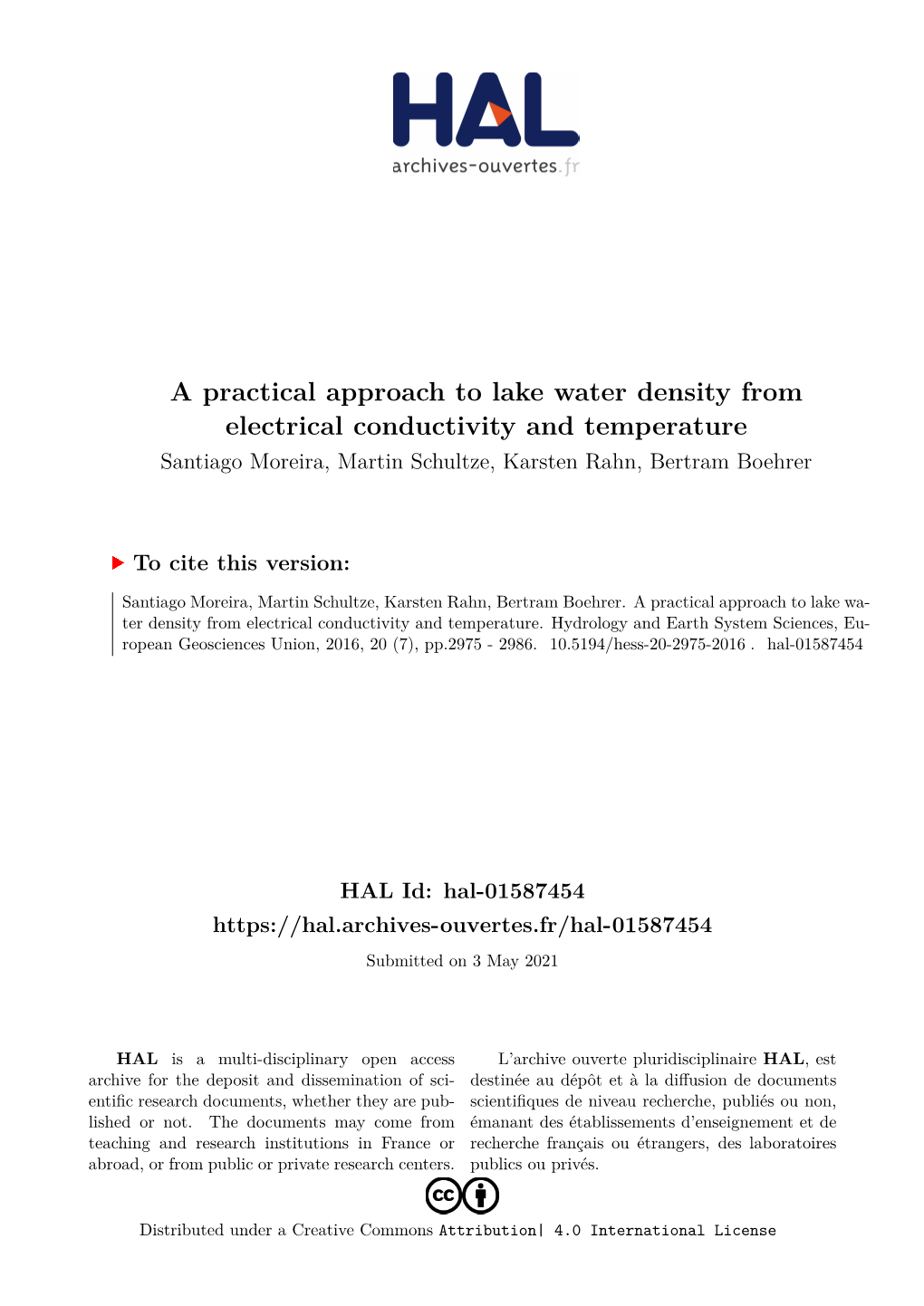 A Practical Approach to Lake Water Density from Electrical Conductivity and Temperature Santiago Moreira, Martin Schultze, Karsten Rahn, Bertram Boehrer
