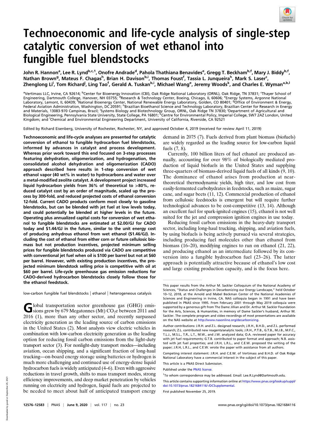 Technoeconomic and Life-Cycle Analysis of Single-Step Catalytic Conversion of Wet Ethanol Into Fungible Fuel Blendstocks