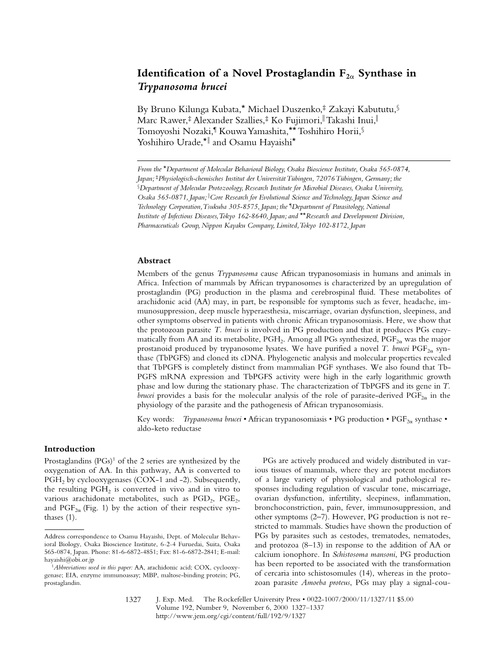 Identification of a Novel Prostaglandin F2 Synthase in Trypanosoma Brucei