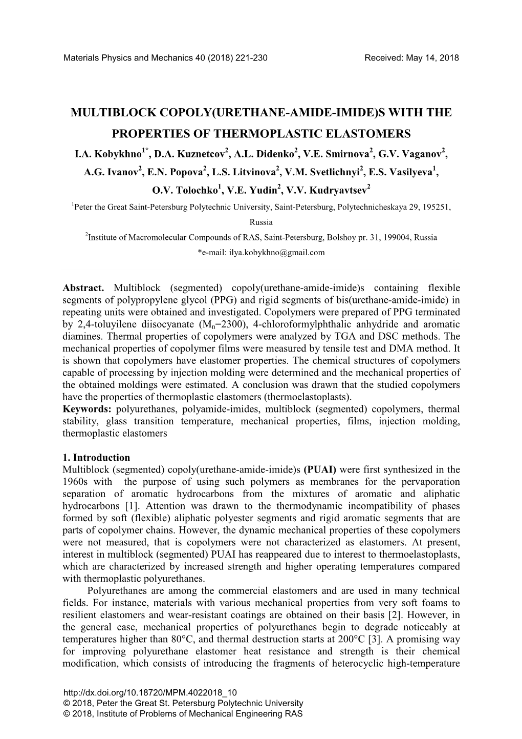 Multiblock Copoly(Urethane-Amide-Imide)S with the Properties of Thermoplastic Elastomers I.A