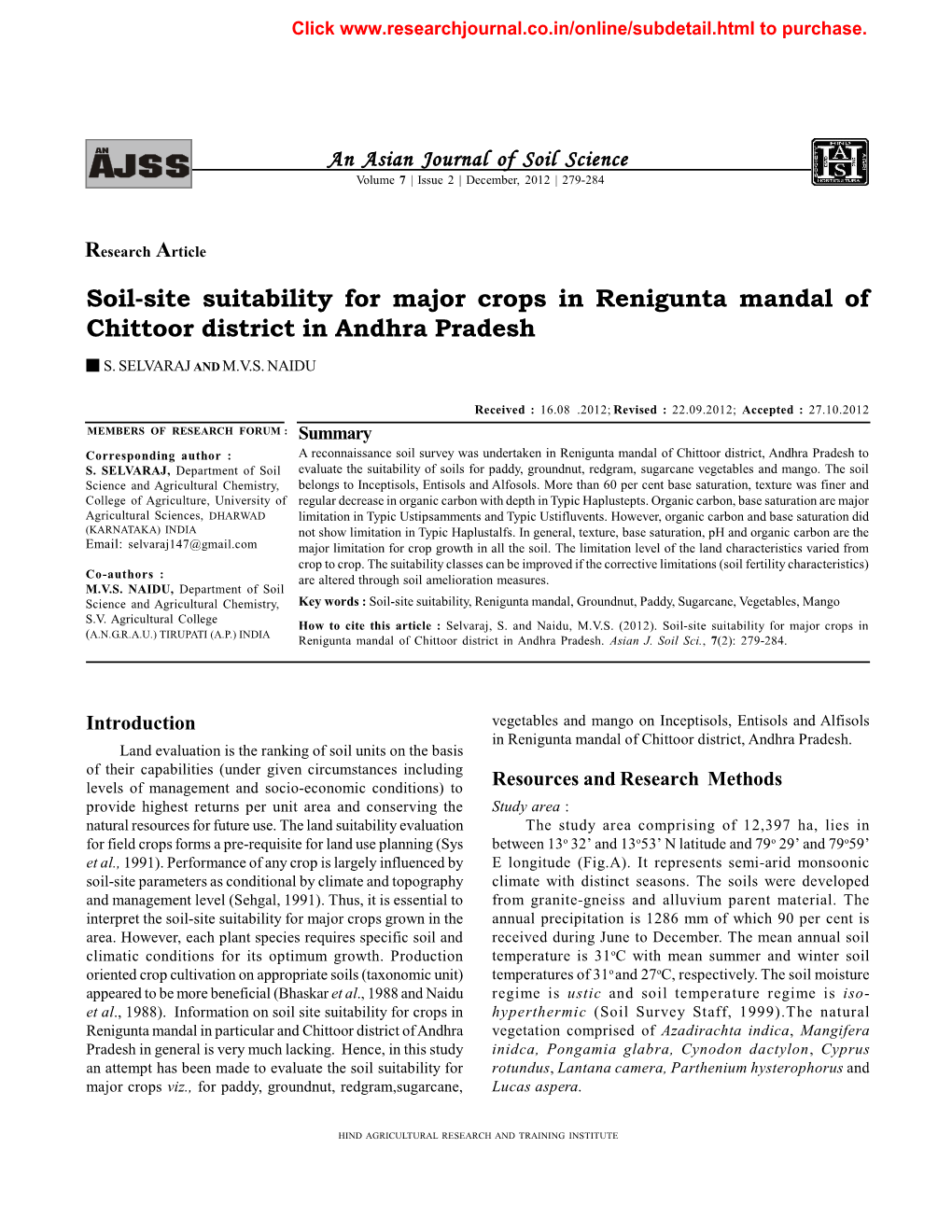 Soil-Site Suitability for Major Crops in Renigunta Mandal of Chittoor District in Andhra Pradesh