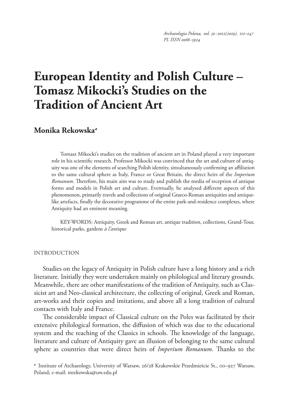 European Identity and Polish Culture – Tomasz Mikocki's Studies