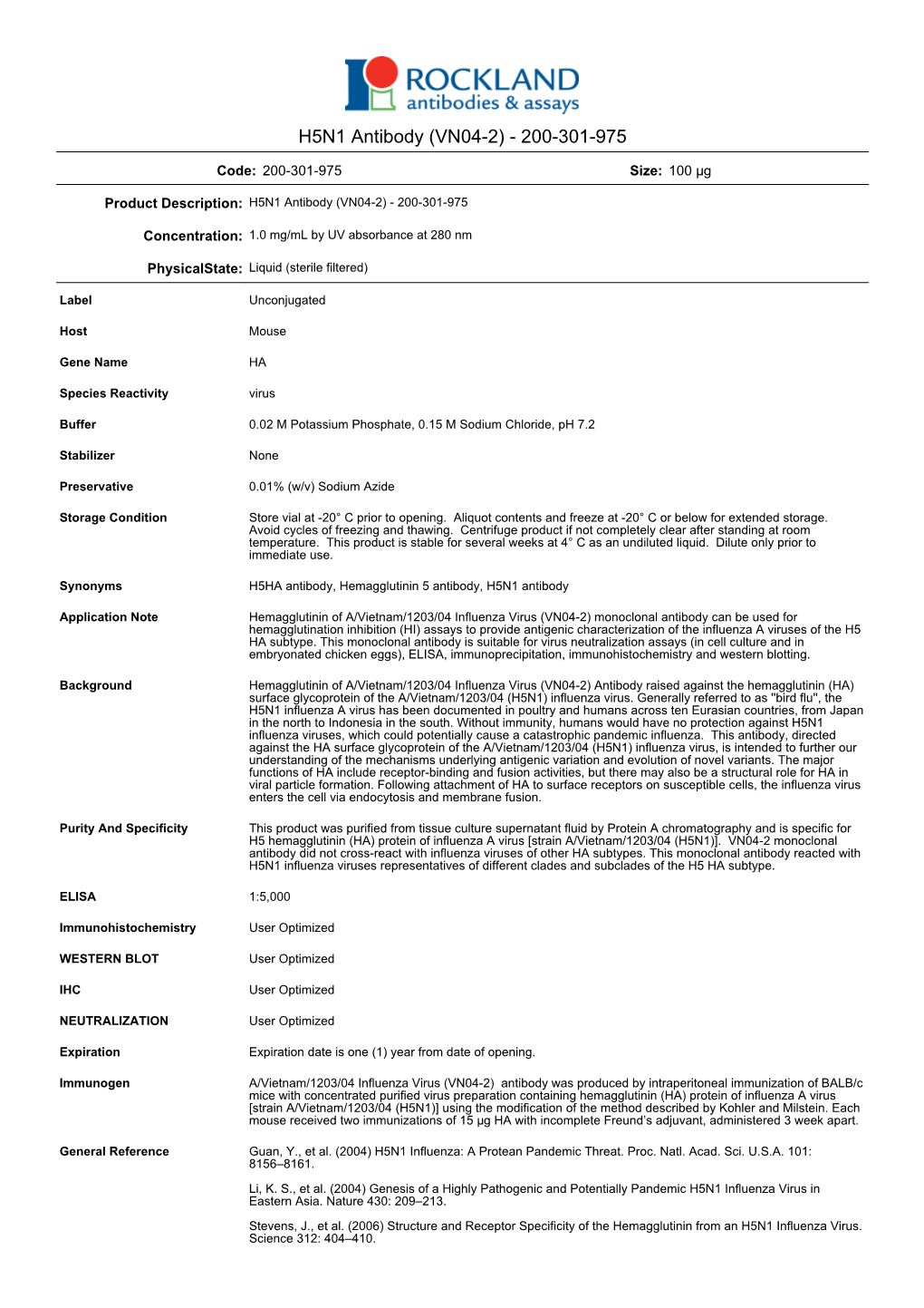 H5N1 Antibody (VN04-2) - 200-301-975