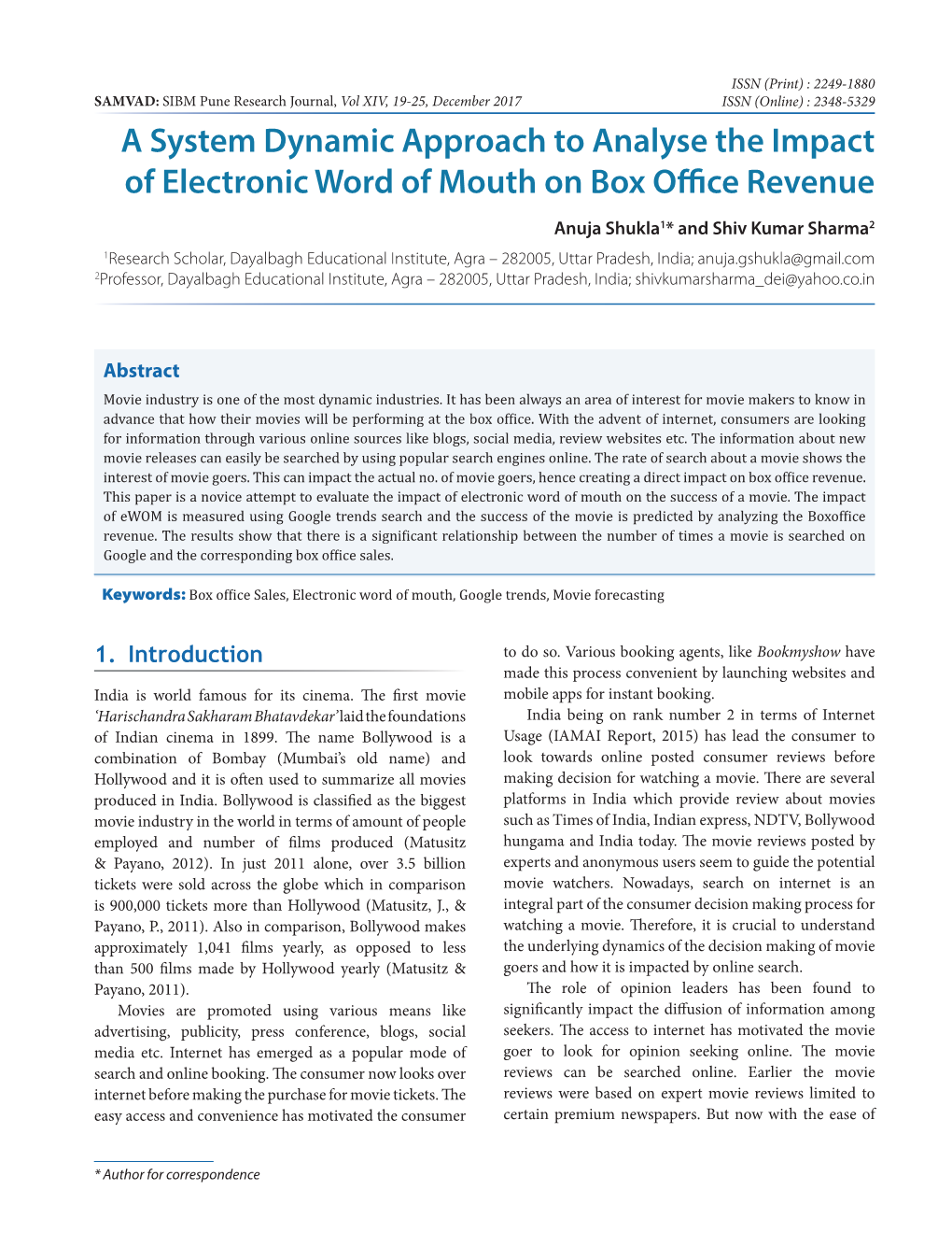 A System Dynamic Approach to Analyse the Impact of Electronic Word of Mouth on Box Office Revenue