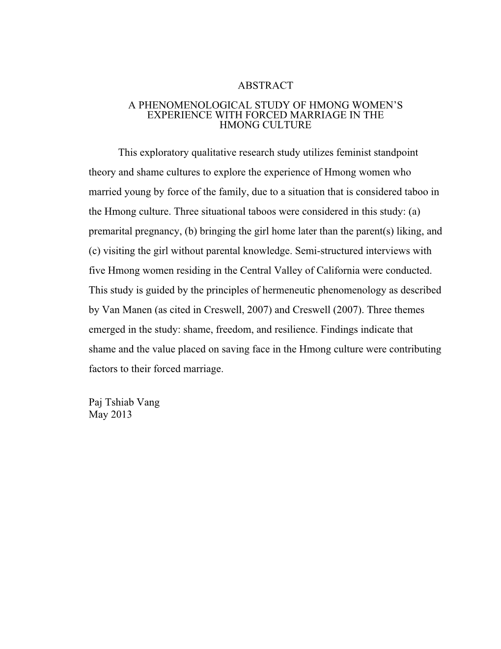 A Phenomenological Study of Hmong Women's Experience