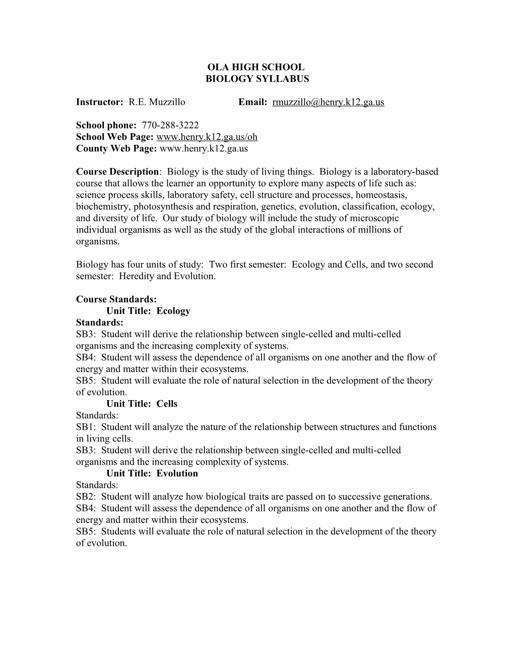 Eagle S Landing High School Science Department Biology Syllabus