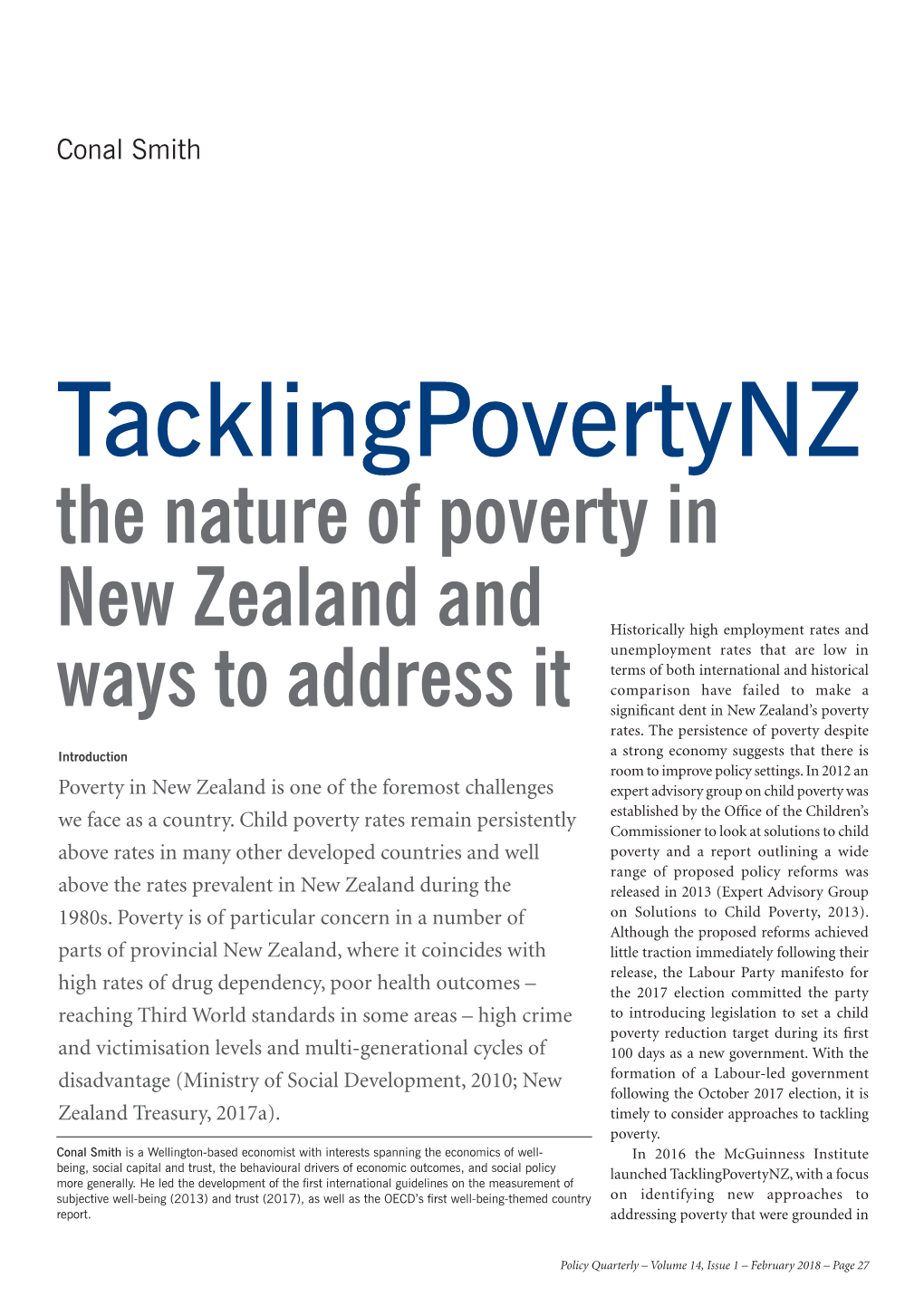 Tacklingpovertynz: the Nature of Poverty in New Zealand and Ways to Address It