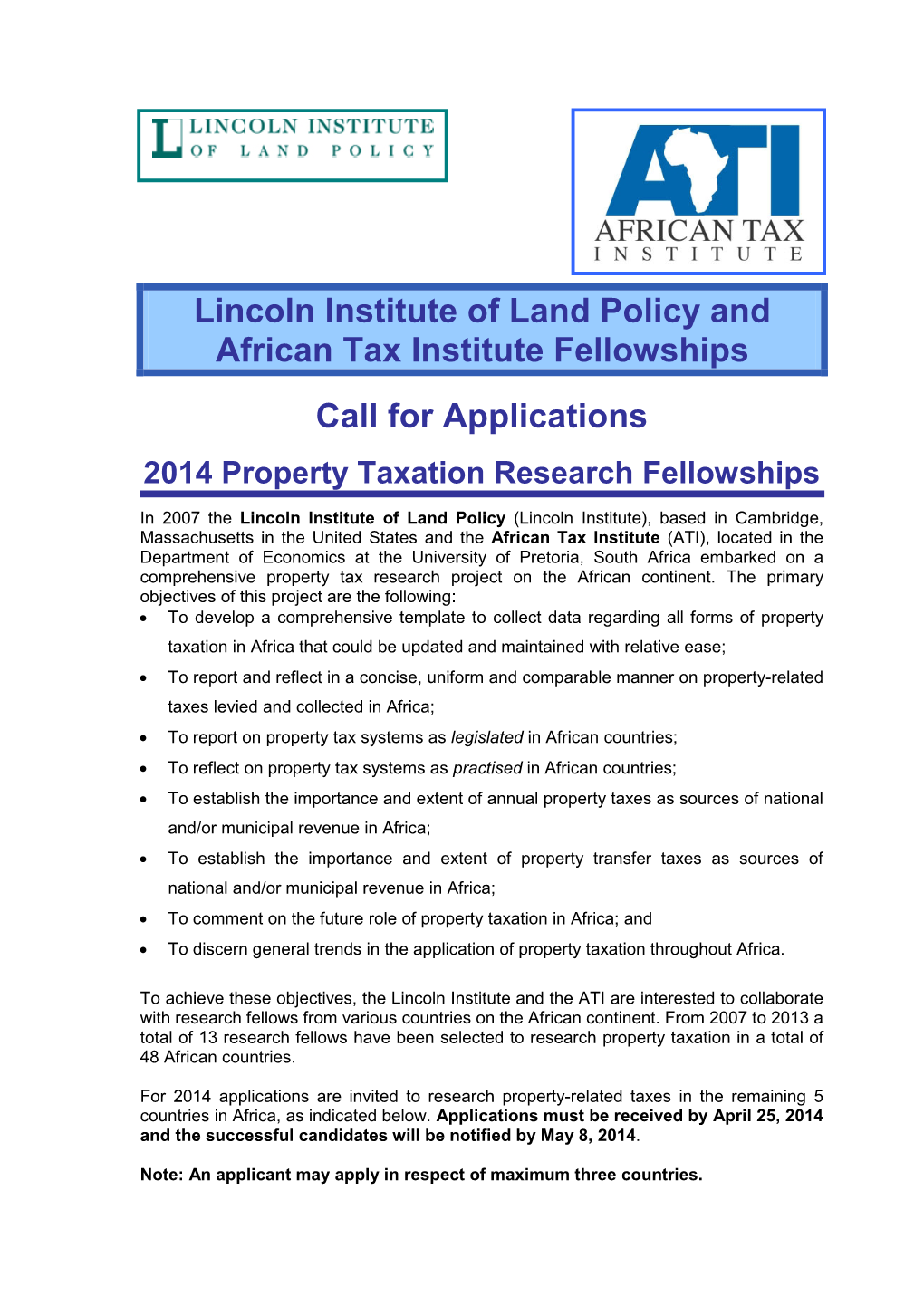 Lincoln Institute of Land Policy and African Tax Institute Fellowships