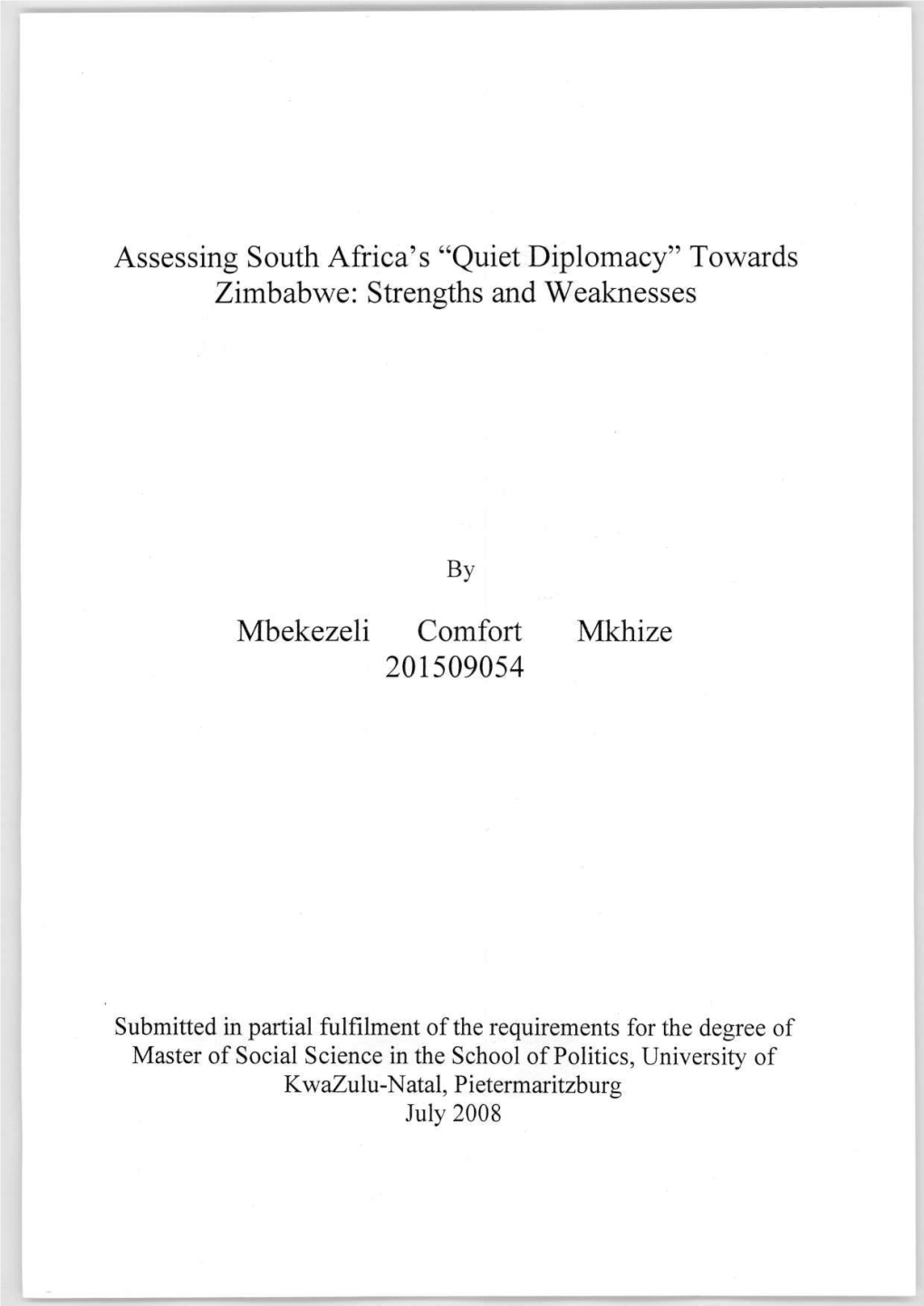 Assessing South Africa's "Quiet Diplomacy" Towards Zimbabwe: Strengths and Weaknesses