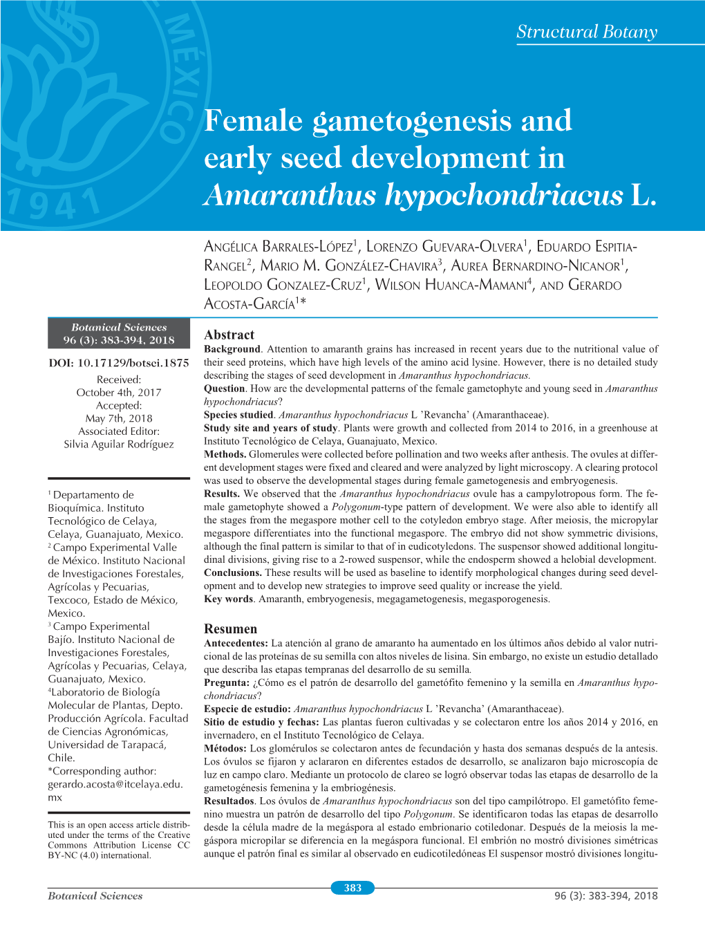 Female Gametogenesis and Early Seed Development in Amaranthus Hypochondriacus L