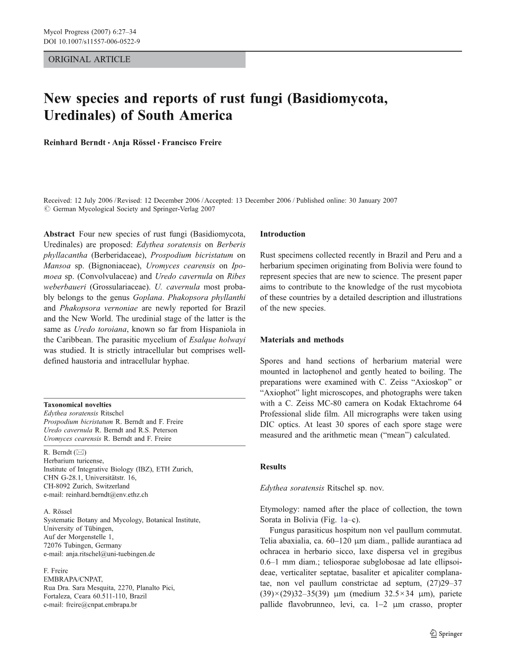 New Species and Reports of Rust Fungi (Basidiomycota, Uredinales) of South America