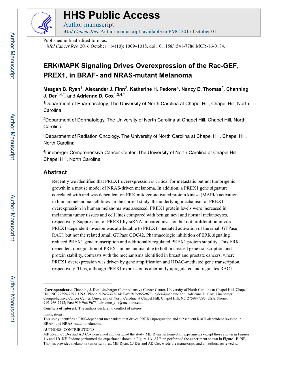 ERK/MAPK Signaling Drives Overexpression of the Rac-GEF, PREX1, in BRAF- and NRAS-Mutant Melanoma