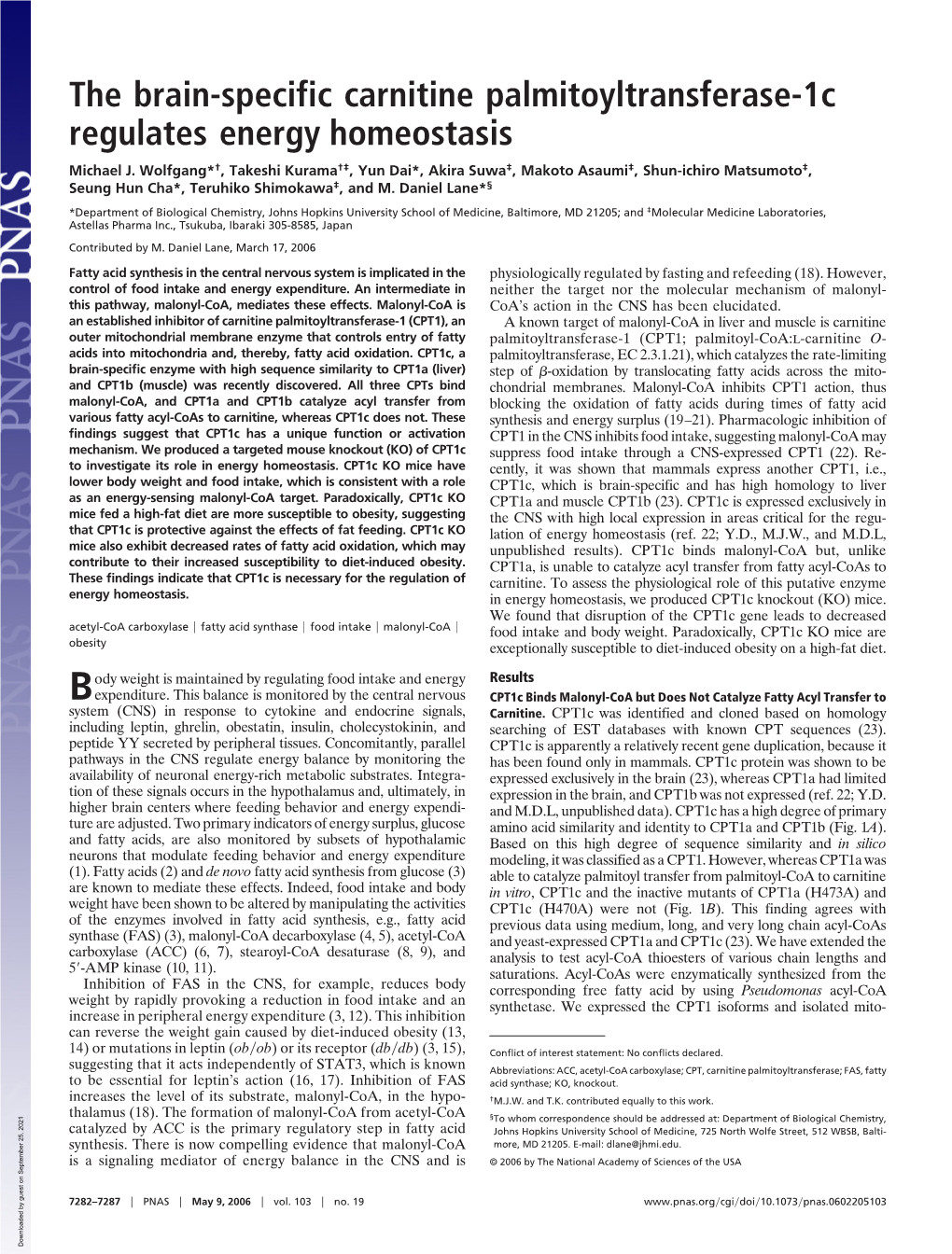 The Brain-Specific Carnitine Palmitoyltransferase-1C Regulates Energy Homeostasis Michael J