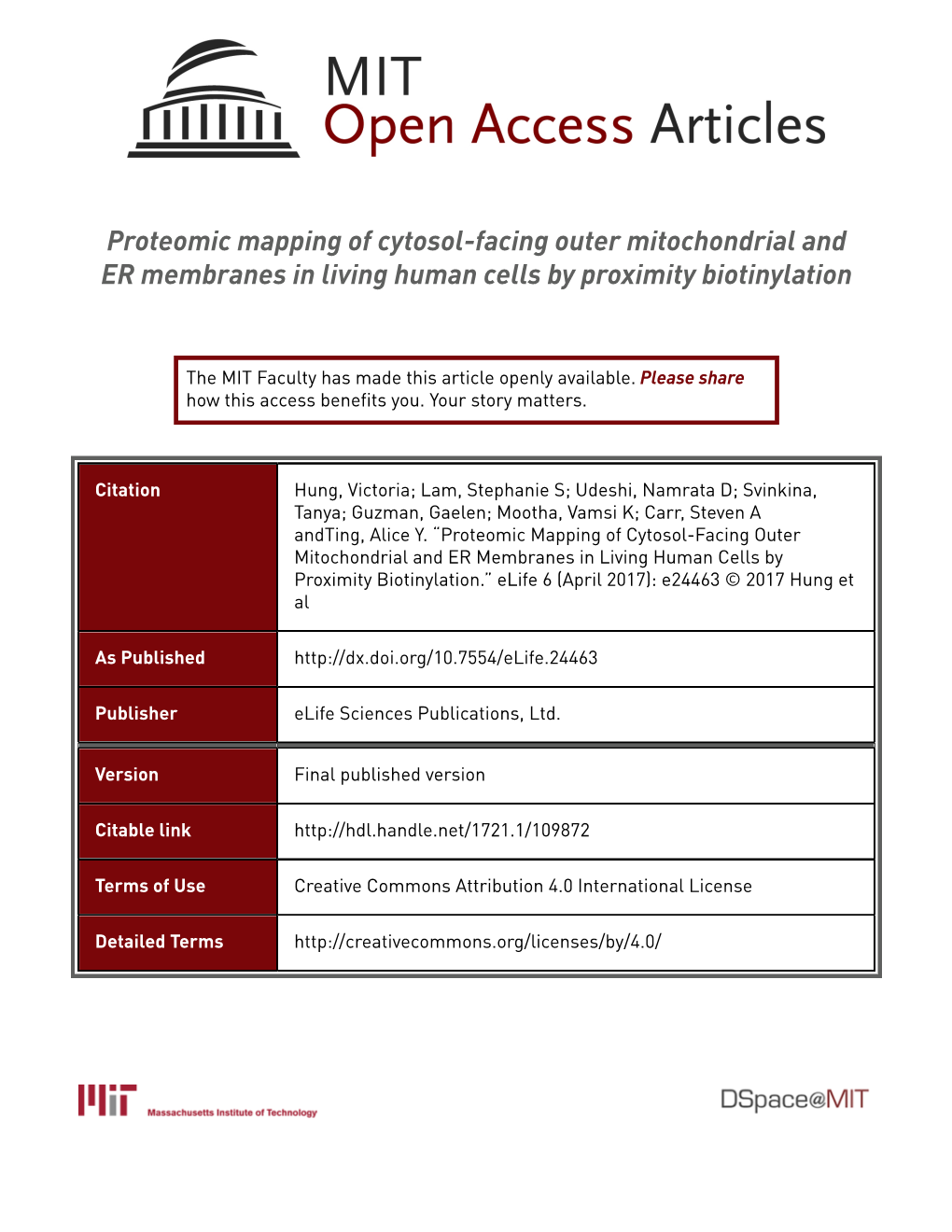 Proteomic Mapping of Cytosol-Facing Outer Mitochondrial and ER Membranes in Living Human Cells by Proximity Biotinylation