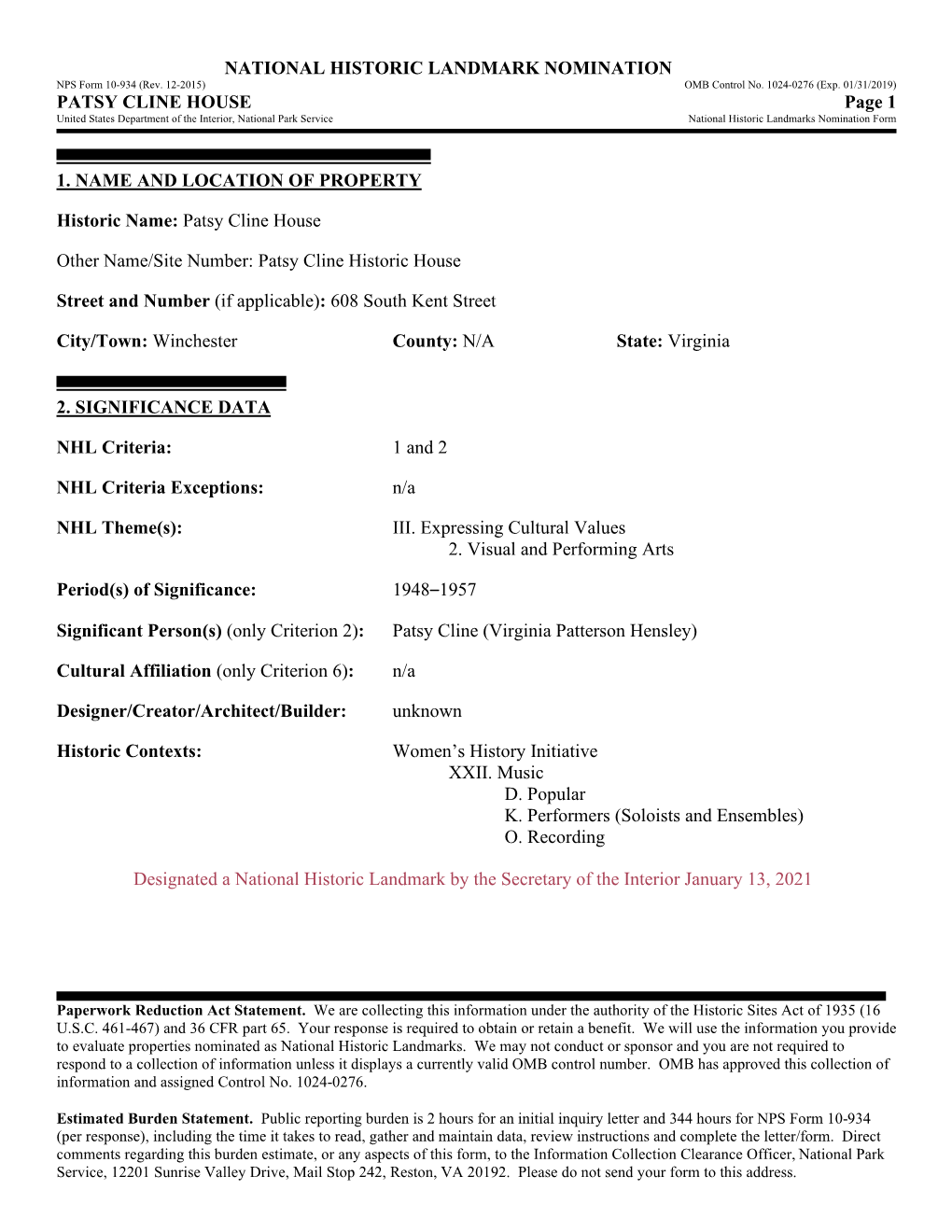 National Historic Landmark Nomination Form (Washington, DC: U.S