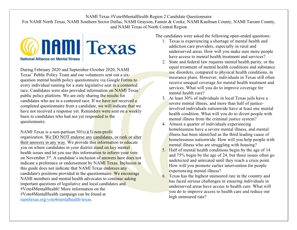 NAMI North Texas, NAMI Southern Sector Dallas, NAMI Grayson, Fannin & Cooke, NAMI Kaufman County, NAMI Tarrant County, and NAMI Texas of North Central Region