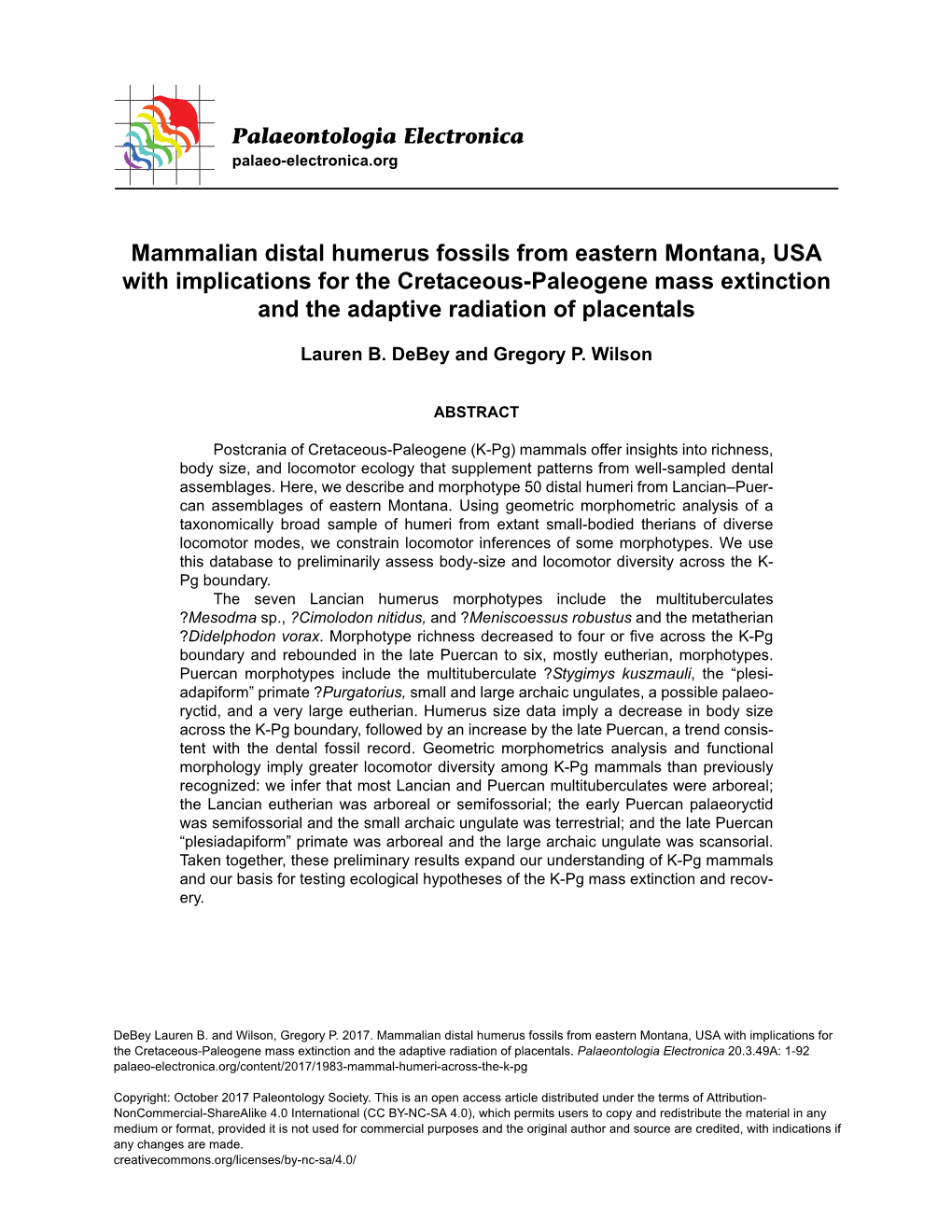 Mammalian Distal Humerus Fossils from Eastern Montana, USA with Implications for the Cretaceous-Paleogene Mass Extinction and the Adaptive Radiation of Placentals