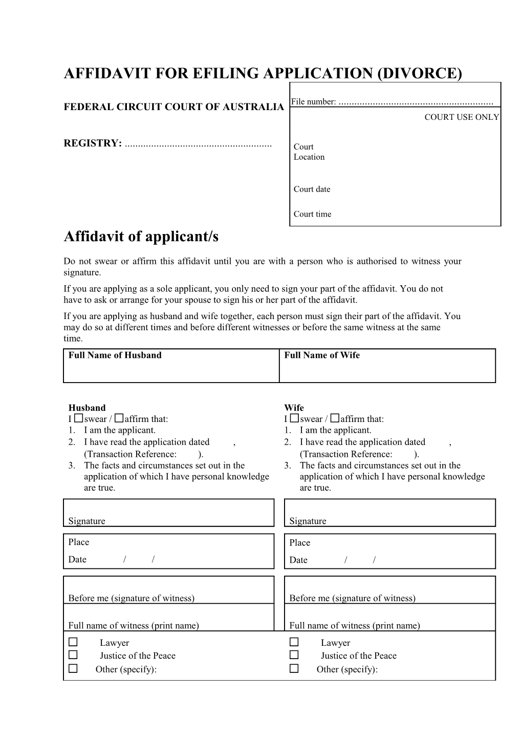 Affidavit for Efiling Application (Divorce)