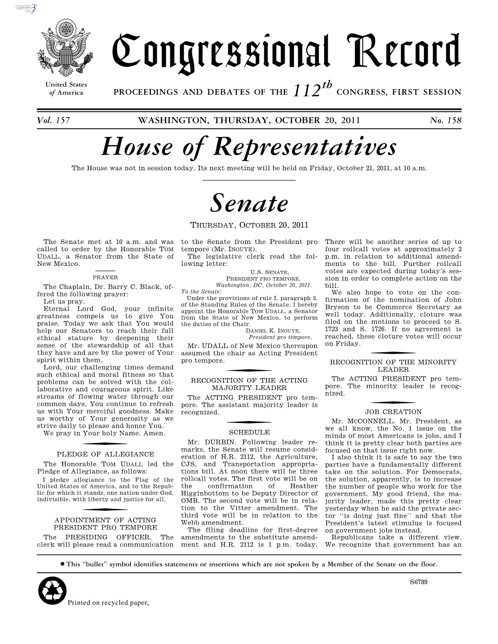 Congressional Record United States Th of America PROCEEDINGS and DEBATES of the 112 CONGRESS, FIRST SESSION