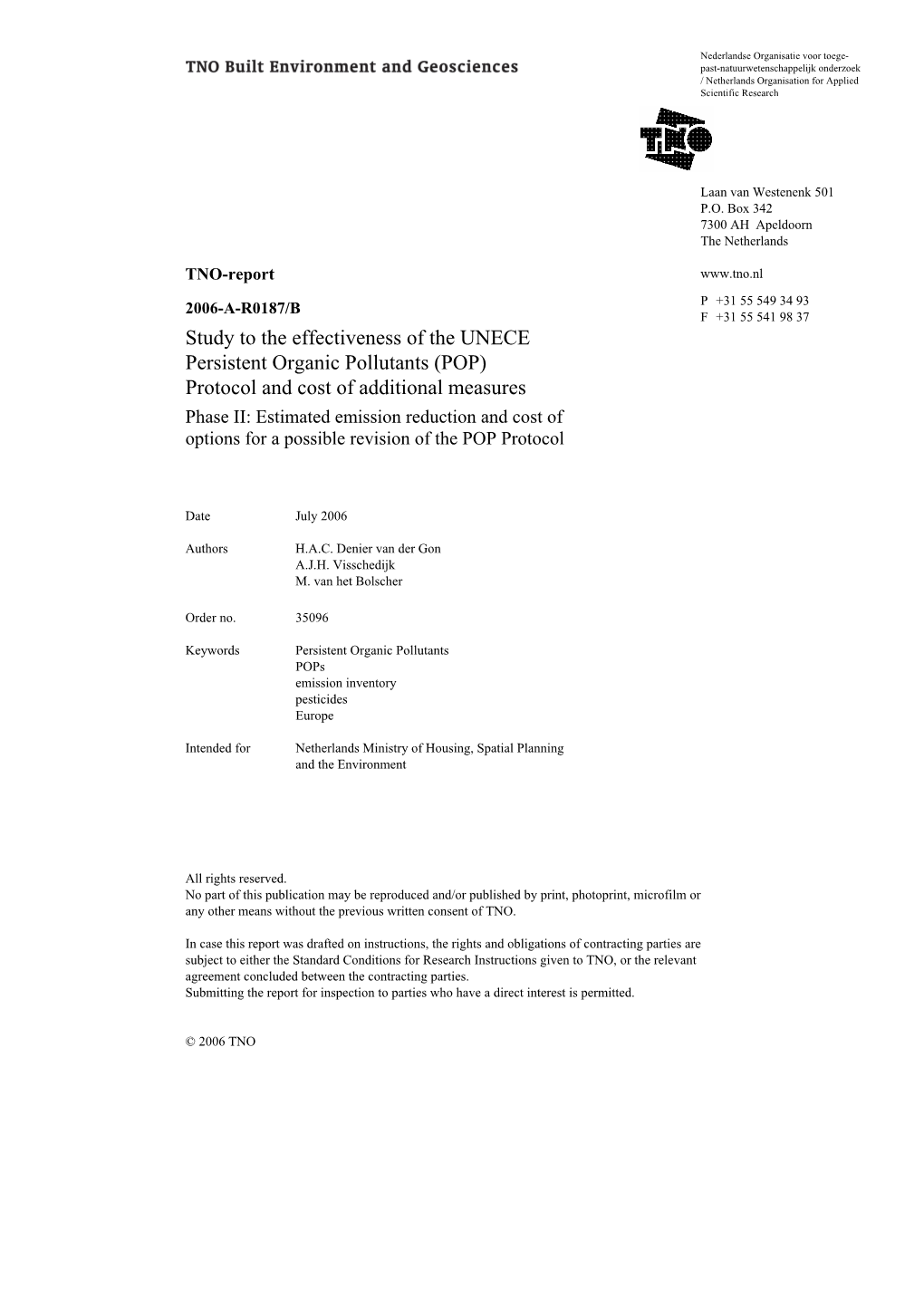 Study to the Effectiveness of the UNECE Persistent Organic Pollutants (POP)