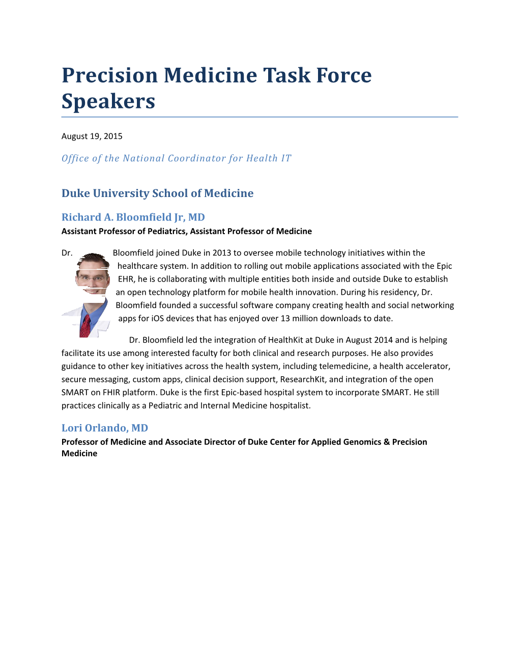 Precision Medicine Task Force Speakers