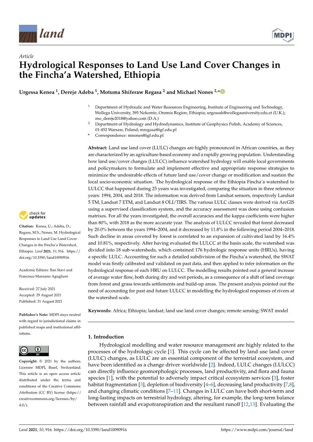 Hydrological Responses to Land Use Land Cover Changes in the Fincha’A Watershed, Ethiopia
