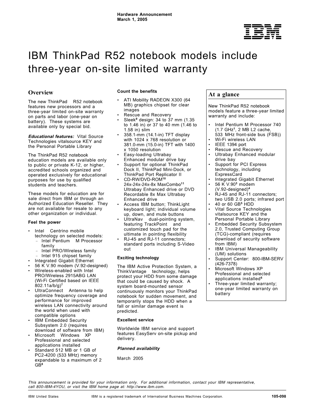 IBM Thinkpad R52 Notebook Models Include Three-Year On-Site Limited Warranty