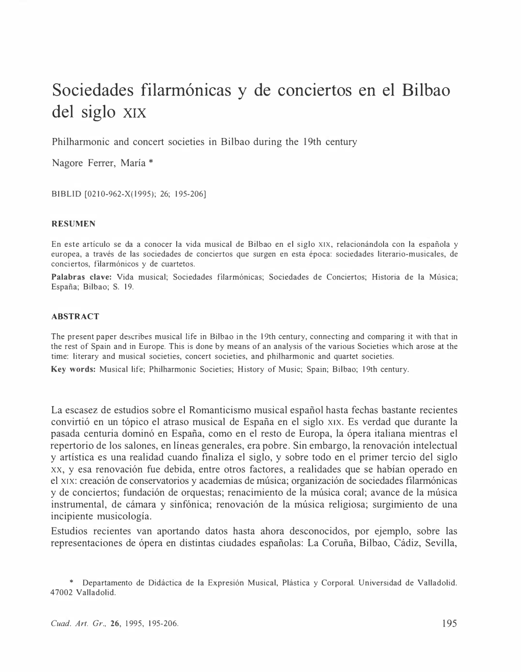 Sociedades Filarmónicas Y De Conciertos En El Bilbao Del Siglo Xrx