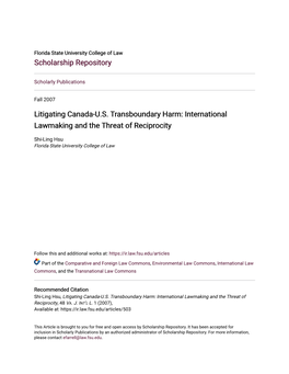 Litigating Canada-U.S. Transboundary Harm: International Lawmaking and the Threat of Reciprocity
