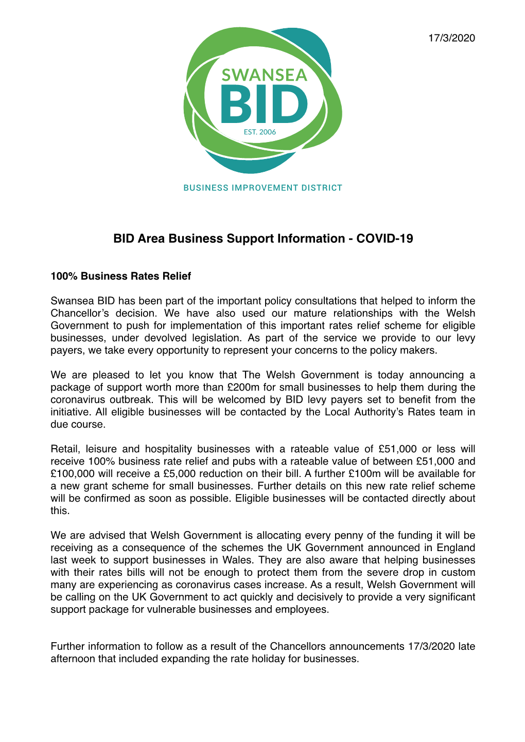 BID Area Business Support Information - COVID-19