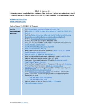 COVID-19 Resource List National Resources Compiled with The
