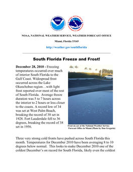 South Florida Freeze and Frost! December 28, 2010 - Freezing Temperatures Occurred Over Much of Interior South Florida to the Gulf Coast