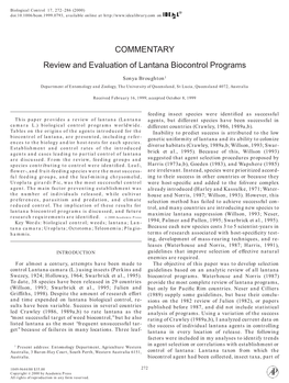 Review and Evaluation of Lantana Biocontrol Programs