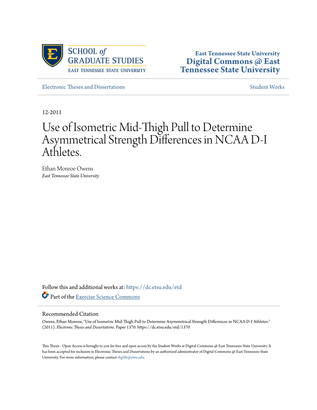 Use of Isometric Mid-Thigh Pull to Determine Asymmetrical Strength Differences in NCAA D-I Athletes
