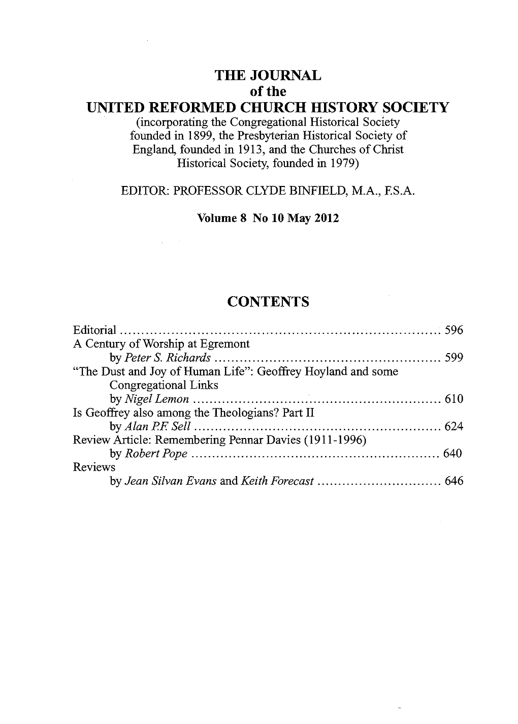 THE JOURNAL of the UNITED REFORMED CHURCH HISTORY SOCIETY CONTENTS