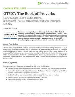 OT507: the Book of Proverbs Course Lecturer: Bruce K