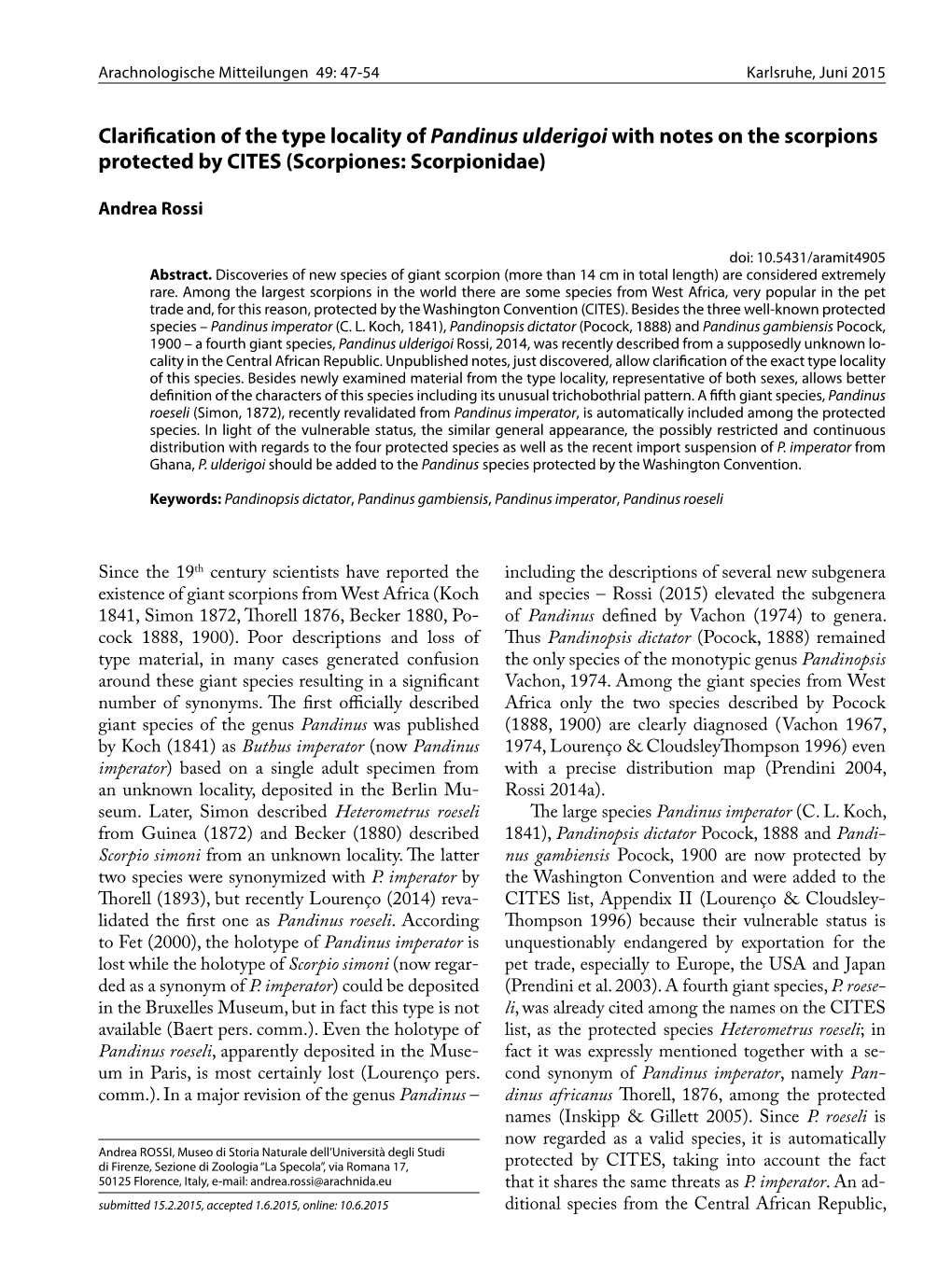 Clarification of the Type Locality of Pandinus Ulderigoi with Notes on the Scorpions Protected by CITES (Scorpiones: Scorpionidae)