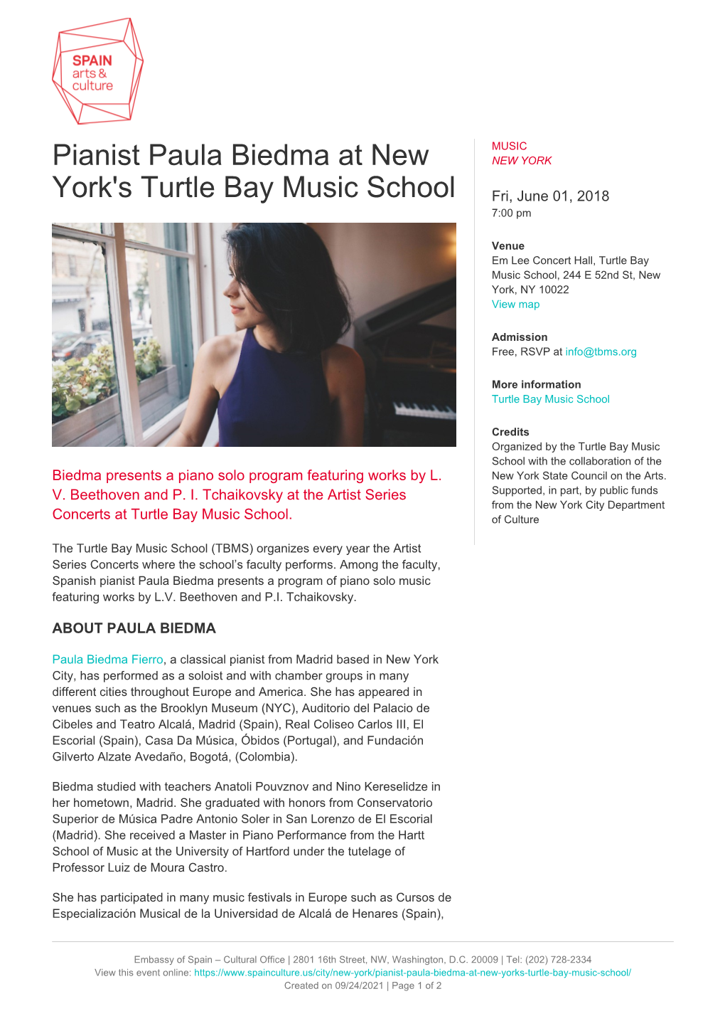 Pianist Paula Biedma at New York's Turtle Bay Music School