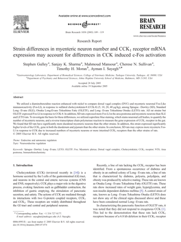 Strain Differences in Myenteric Neuron Number and CCK1 Receptor Mrna Expression May Account for Differences in CCK Induced C-Fos Activation