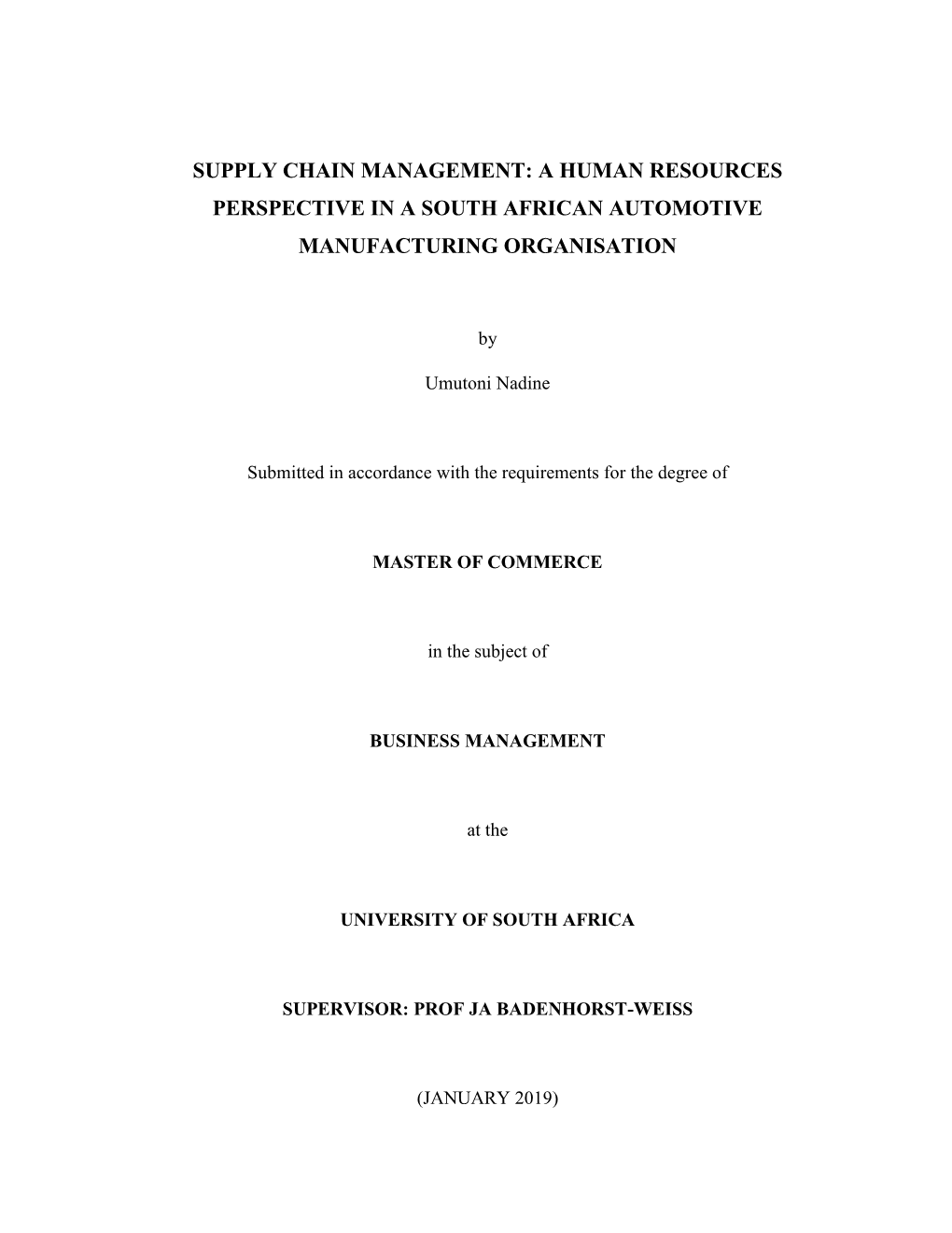 Supply Chain Management: a Human Resources Perspective in a South African Automotive Manufacturing Organisation
