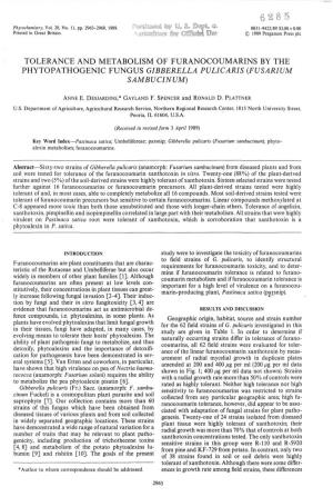 Tolerance and Metabolism of Furanocoumarins by the Phytopathogenic Fungus Gibberella Pulicaris (Fusarium Sambucinum)
